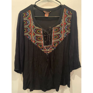 Multiples Long Sleeve Black Women's Multicolor Embroidered Design Blouse Top